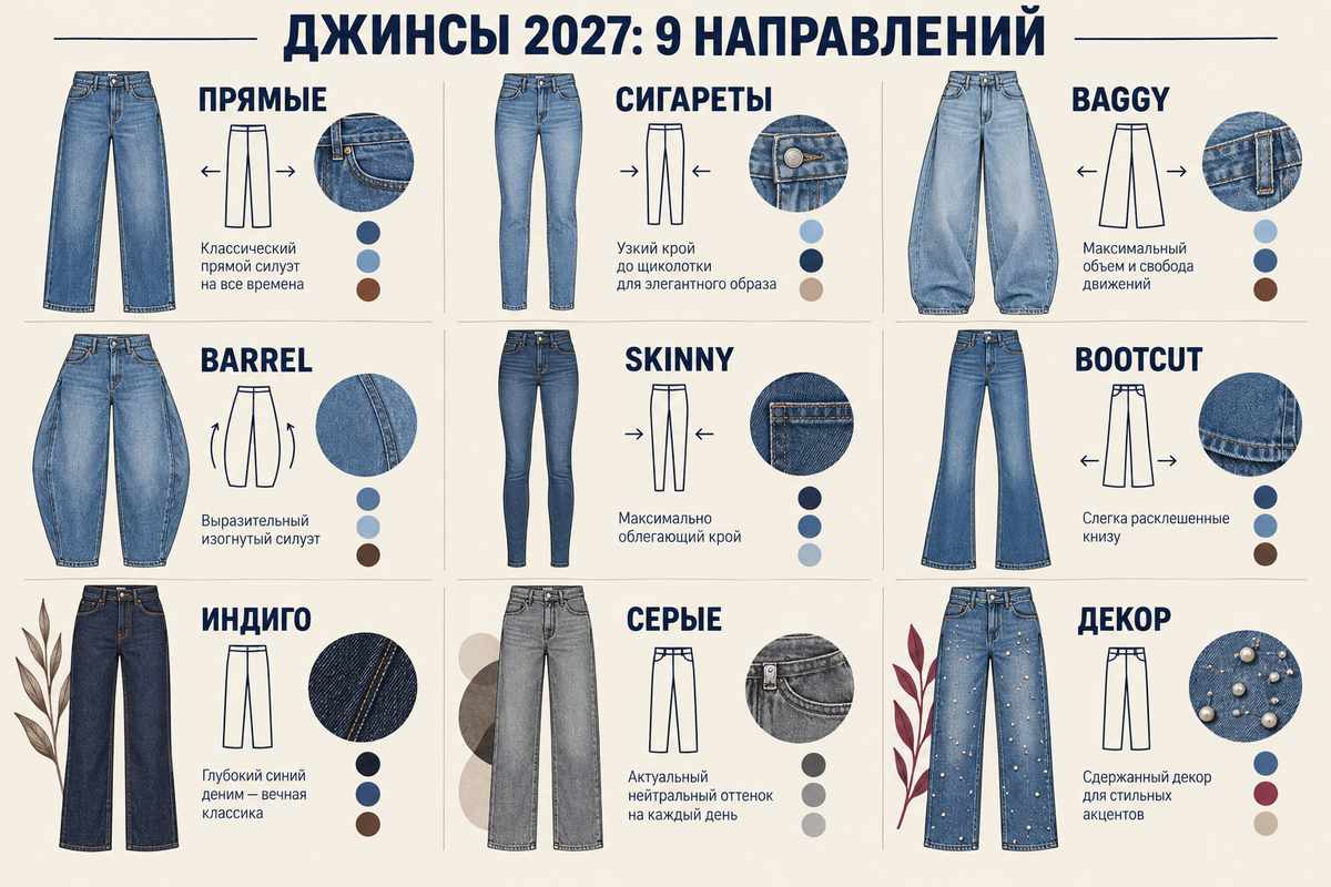 Девять направлений денима: от прямого кроя и skinny до barrel, bootcut и цветных моделей.