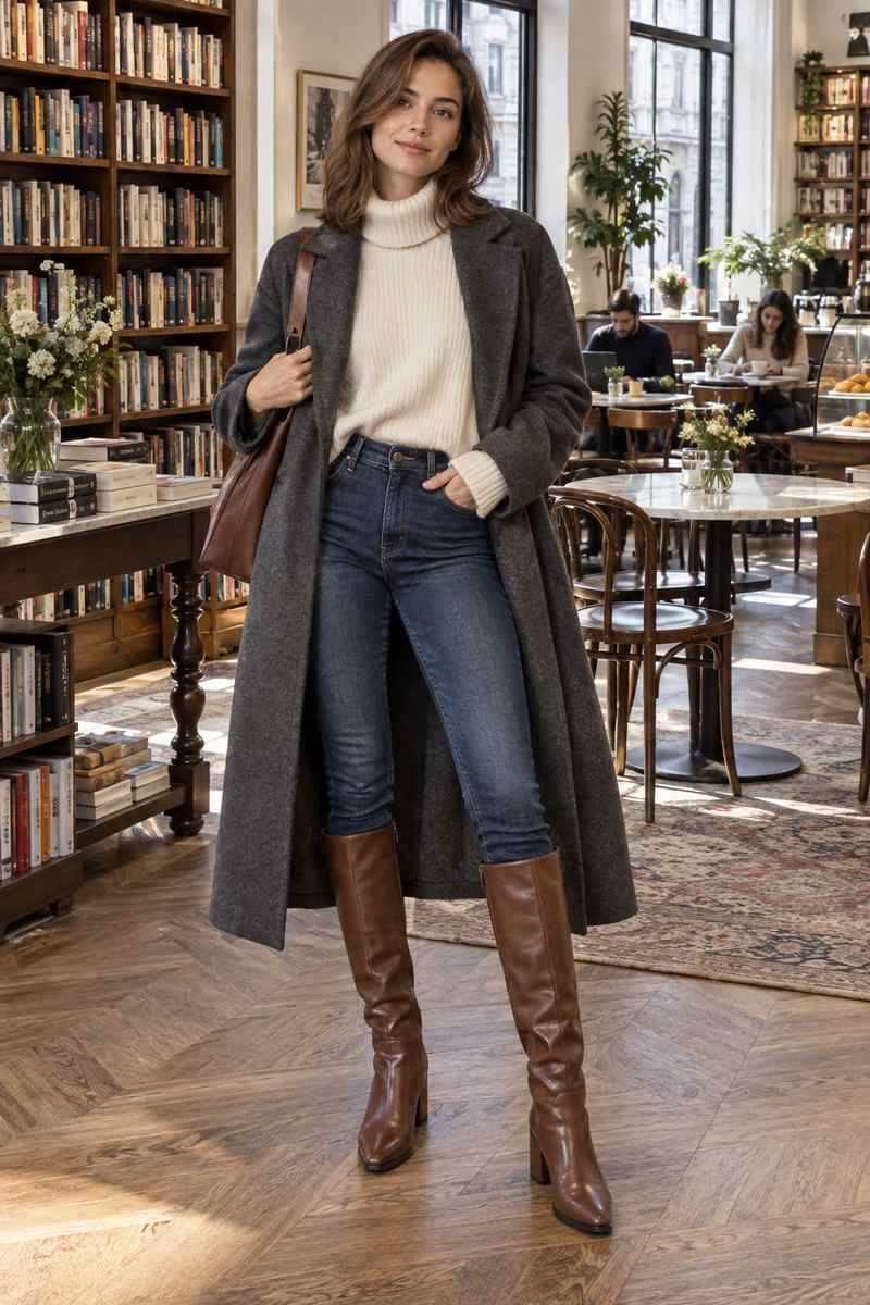 Плотные skinny выглядят современно рядом со свободным пальто и сапогами.