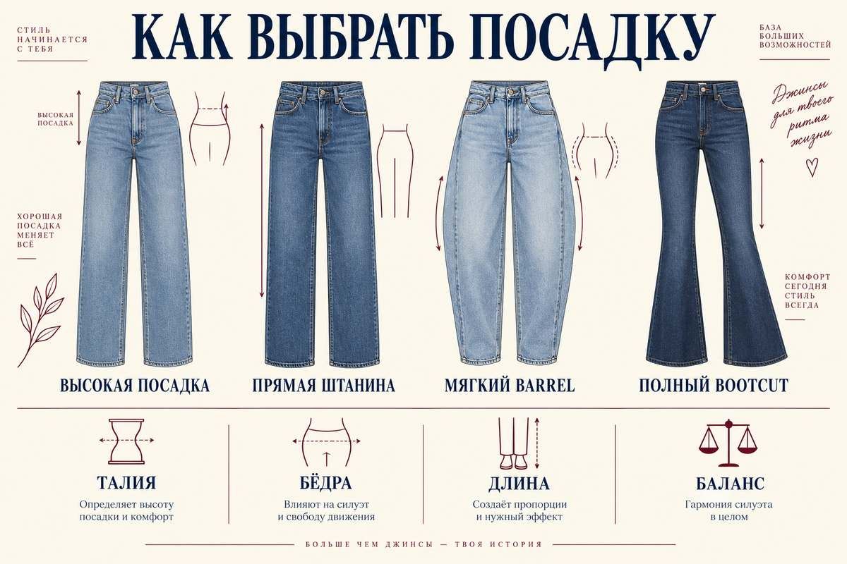 Посадку определяет совместная работа талии, бедер, длины и общего баланса.