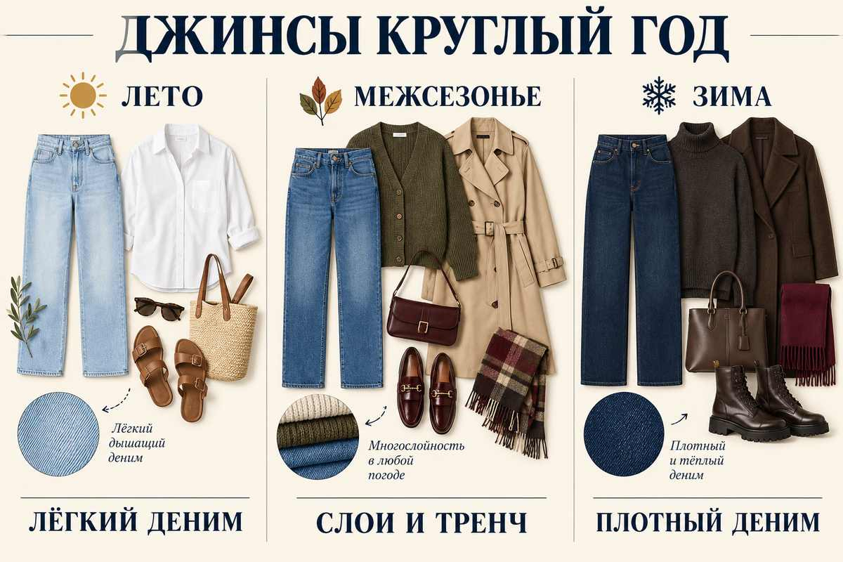 Облегчайте деним летом, собирайте слои в межсезонье и уплотняйте их зимой.