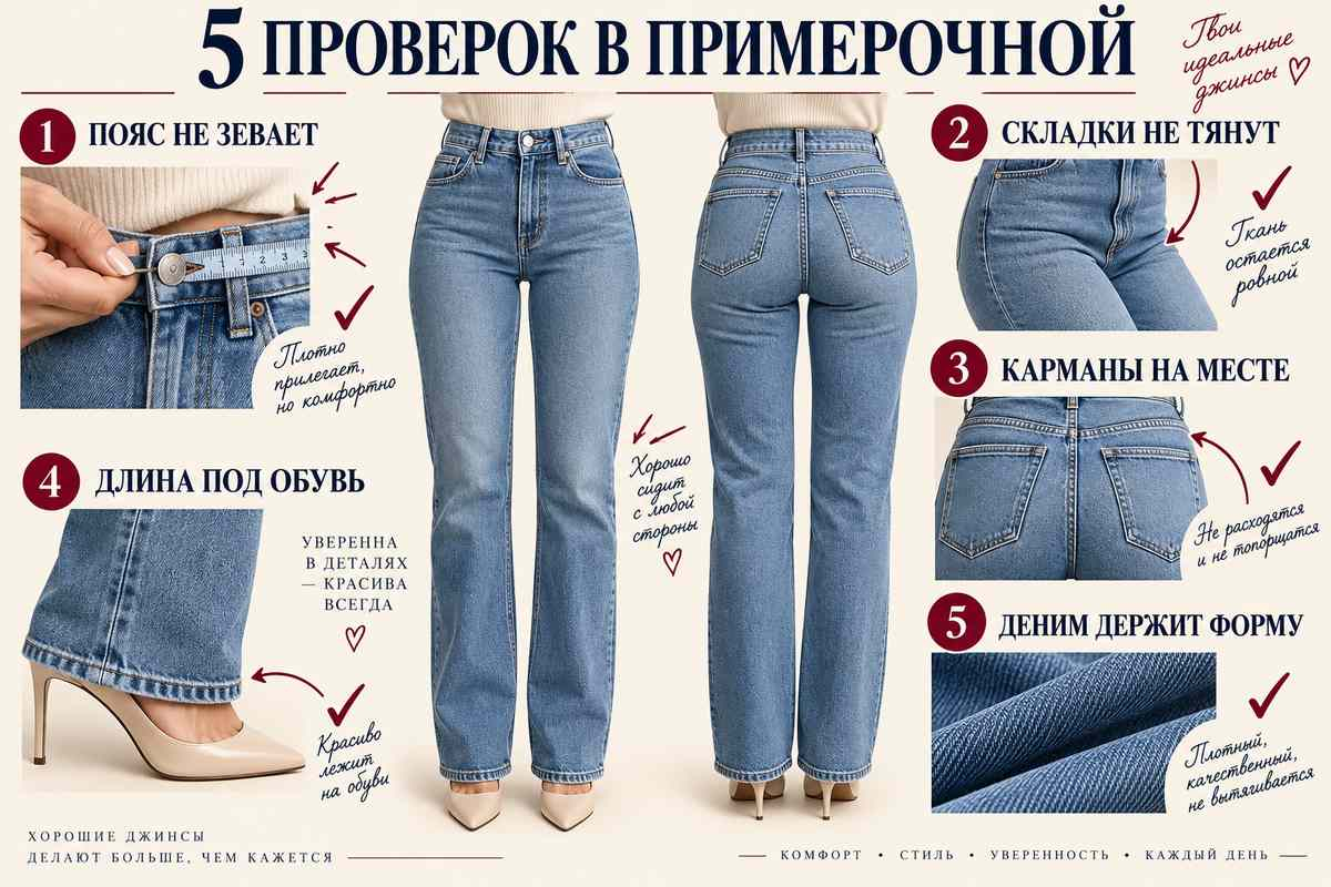 Пять проверок в примерочной помогают оценить джинсы до того, как цвет повлияет на решение.