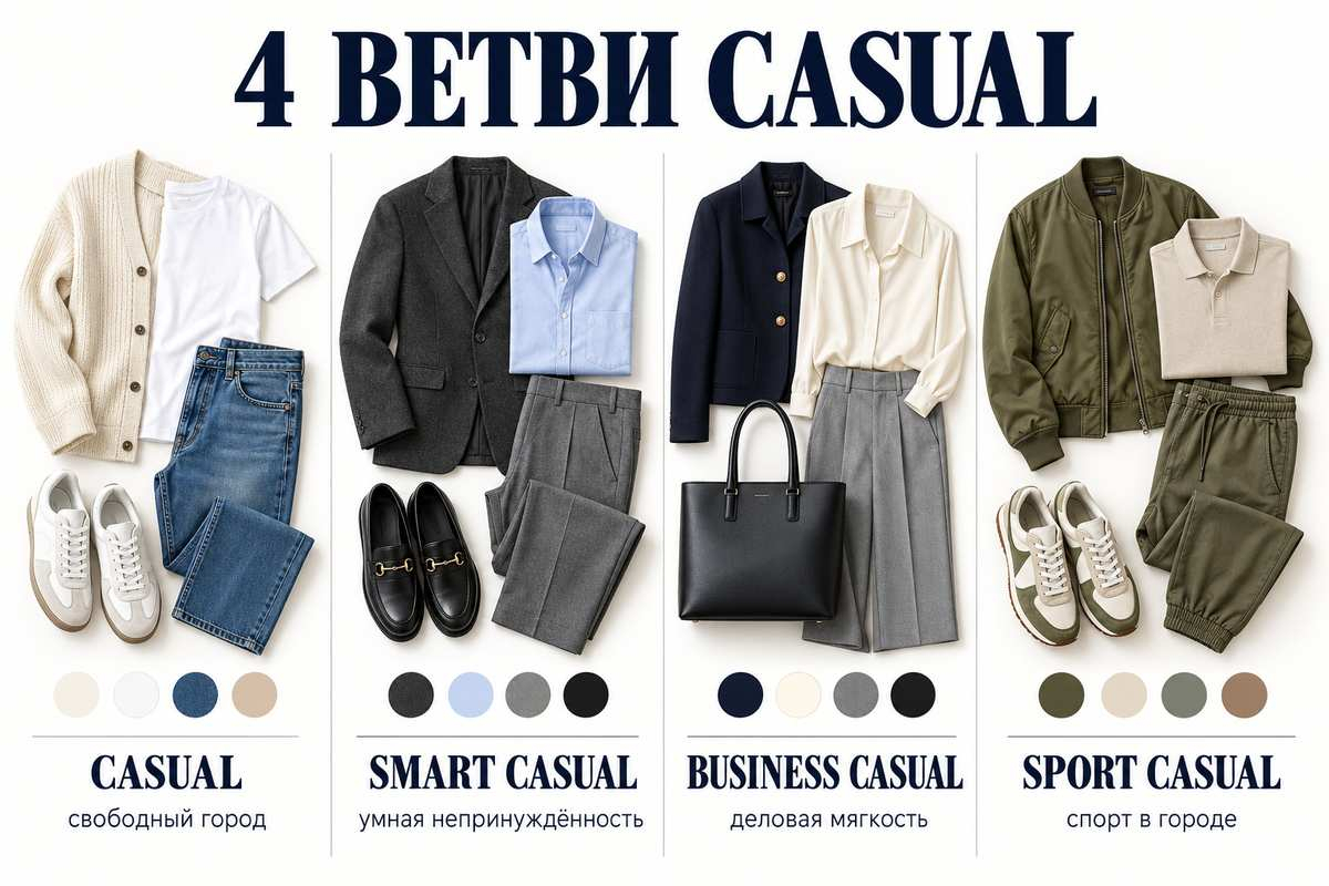 Четыре ветви casual различаются степенью формальности: от кед и денима до жакета, рубашки и брюк со стрелкой.