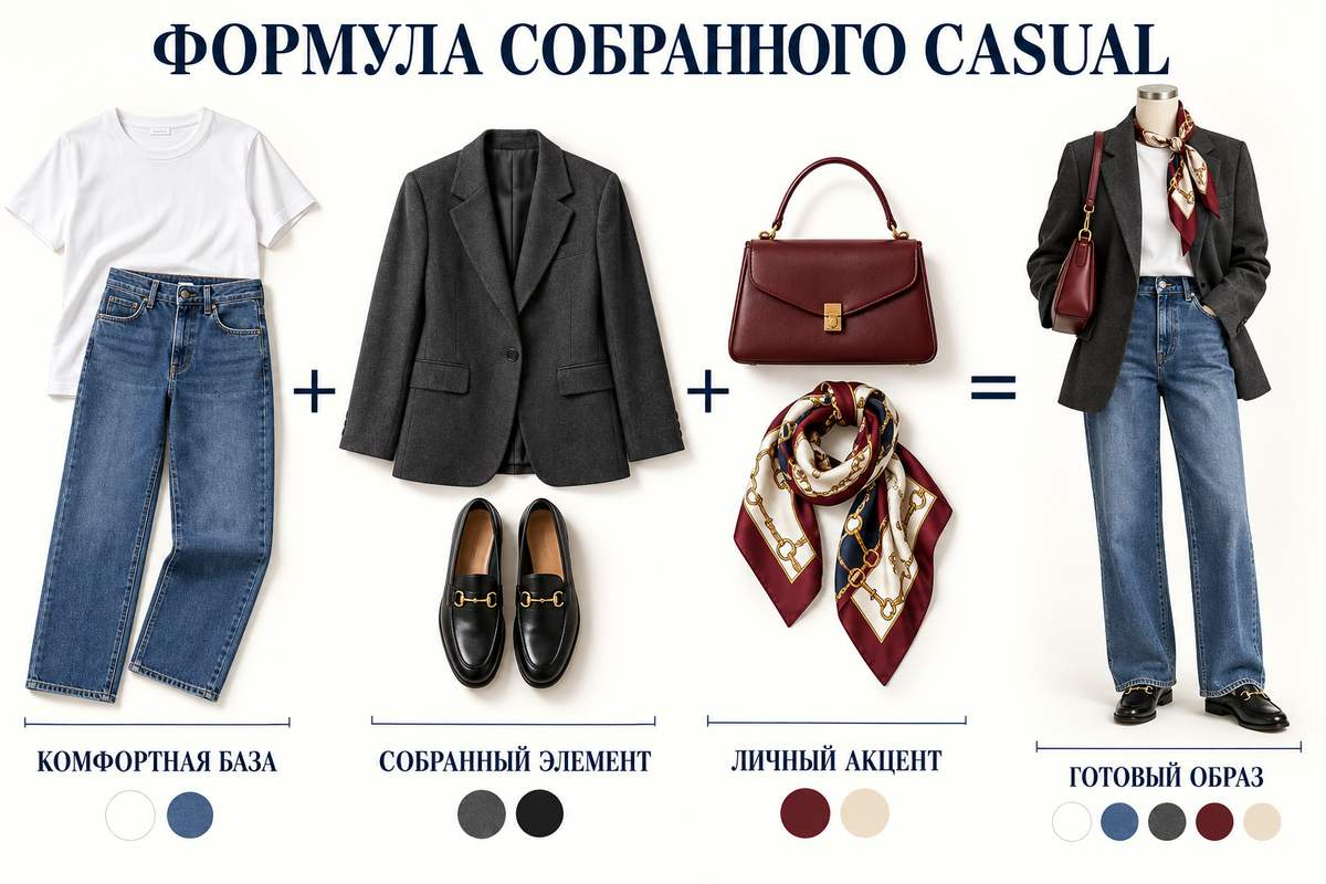 Рабочая формула: комфортная база, один собранный элемент и один акцент. Остальные вещи поддерживают их цветом и масштабом.