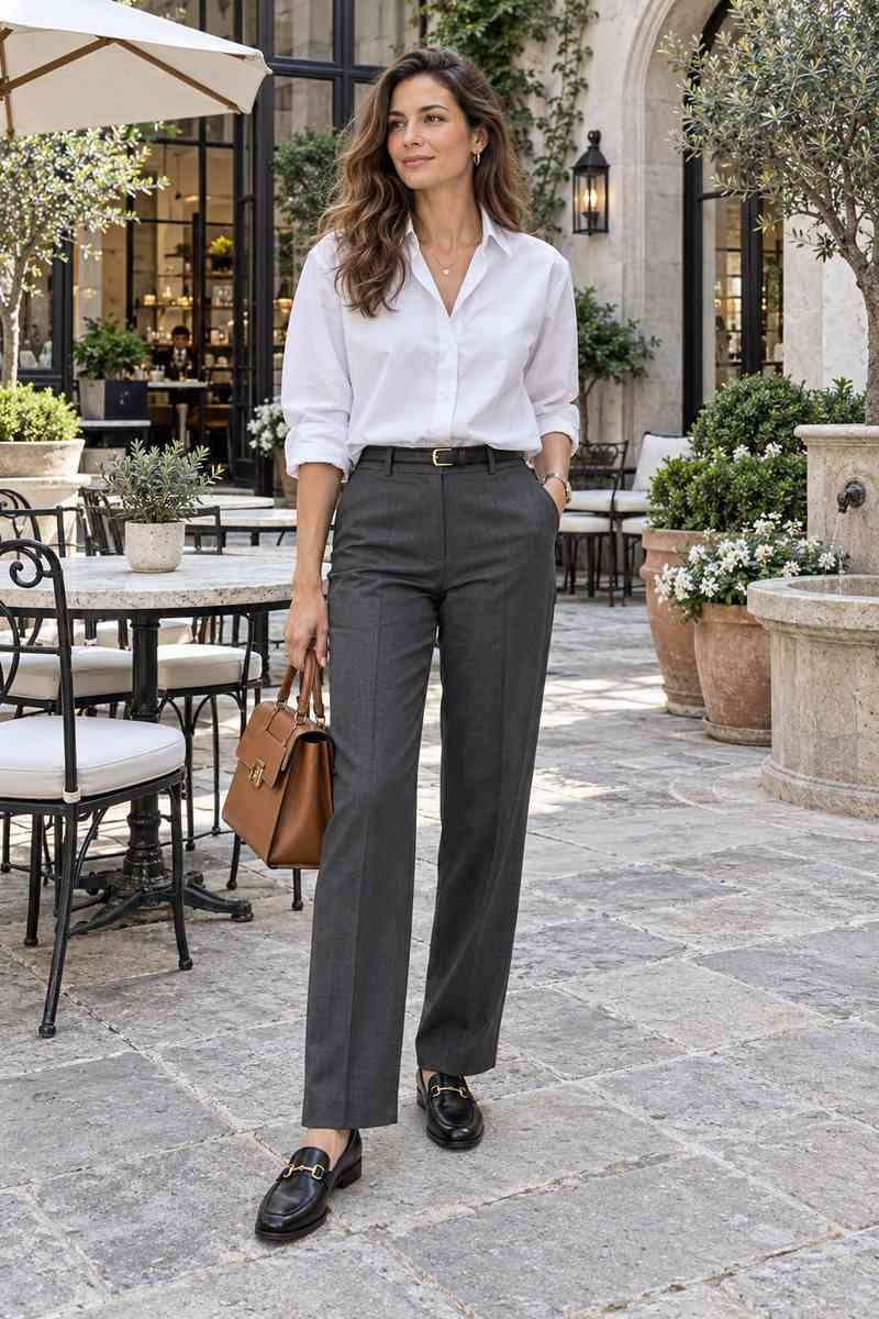Белая рубашка и графитовые брюки становятся casual, когда крой свободен, а рукав слегка собран.