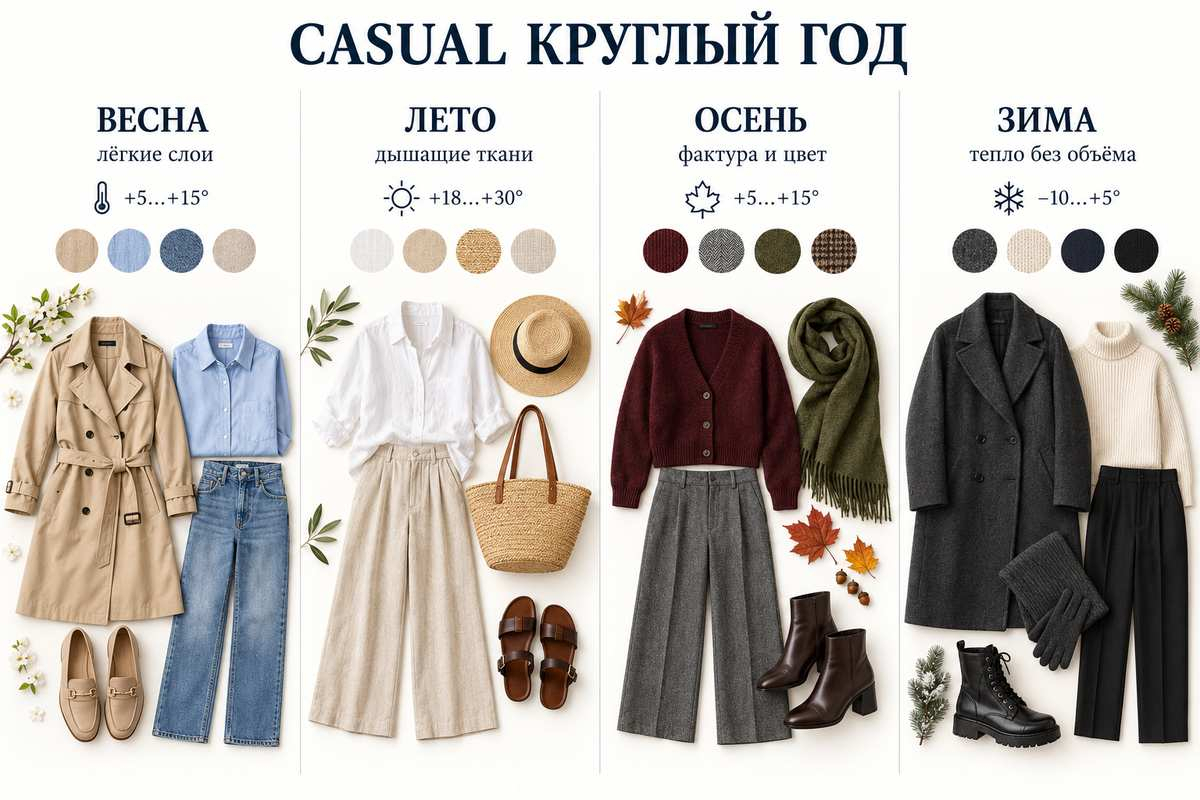 Сезон меняет материалы и верхний слой, но базовая формула casual остаётся прежней.