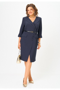 Элегантное платье с асимметричной застежкой, погонами и разрезом Твой имидж 2058 темно-синий - фото 1