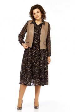 Жилет, платье Милора-стиль 1380/1 черный+капучино_кружочки - фото 1