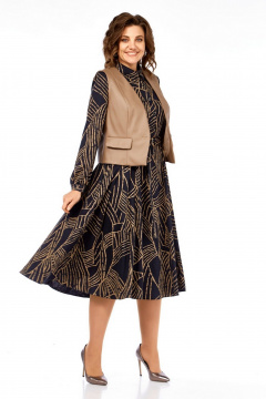 Жилет, платье Милора-стиль 1380/1 черный+капучино_листья - фото 2