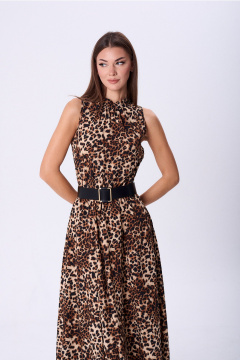 Классическое платье с воротником-стойкой и сборкой из ткани Lady Line 1580/1 светлый_леопард - фото 5