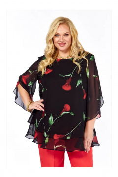Блуза Элль-стиль 2213/11а черный_принт_цветы - фото 1
