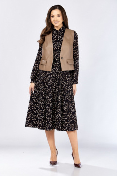 Жилет, платье Милора-стиль 1380/1 черный+капучино_цветы - фото 1