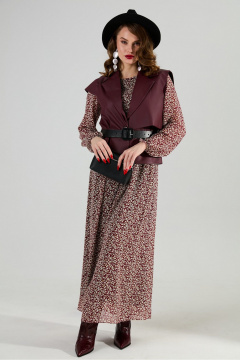 Жилет, платье NikVa 1020-3 листочки бургунди и бордо - фото 1