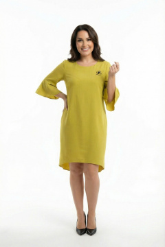 Зеленое платье из вискозы и льна с разрезами и воланом Swallow 680 оливково-горчичный - фото 1