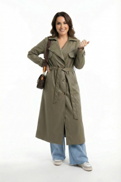 Зеленый тренч из экокожи для демисезона AURA otd 7036 олива - фото 2