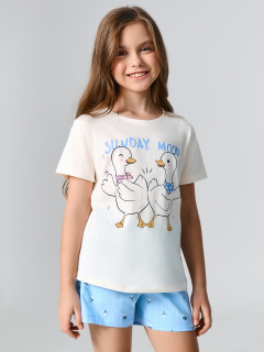 Футболка, шорты Mark Formelle 567727/25-39552ПП-0 молочный_цветы_на_голубой_полоске_3_сл_на_пол - фото 1