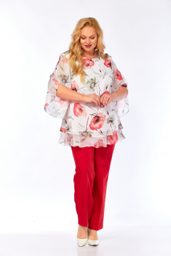 Блуза, брюки Элль-стиль 2213/13 красный_белый_принт_маки - фото 3