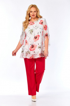 Блуза, брюки Элль-стиль 2213/13 красный_белый_принт_маки - фото 2