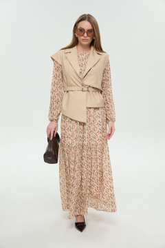 Жилет, платье NikVa 1045-1 крем-брюле и бежевый мультиколор - фото 1