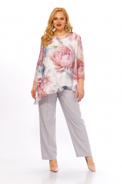 Блуза, брюки Элль-стиль 2467 белый_розовый_принт_серый - фото 1