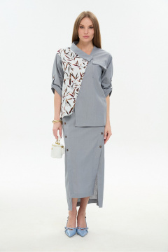 Жакет, юбка NikVa 975-3 серый_листья_мультиколор - фото 1