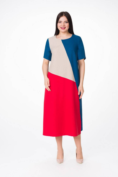 Платье Stilville 1627 синий,беж,красный - фото 2