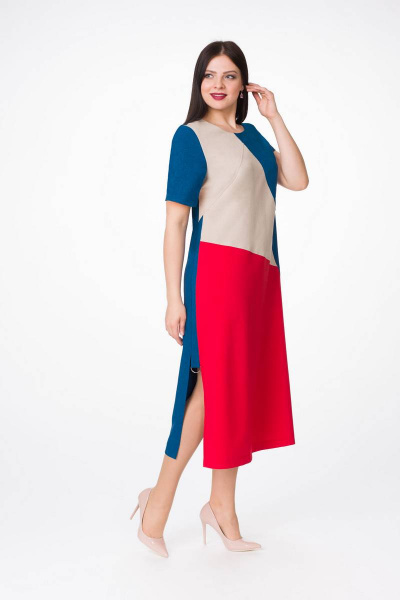 Платье Stilville 1627 синий,беж,красный - фото 1
