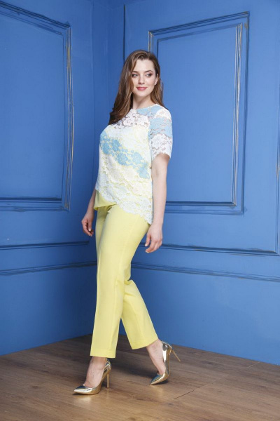 Блуза, брюки Anastasia 297 бело-сине-голубой,желтый - фото 2