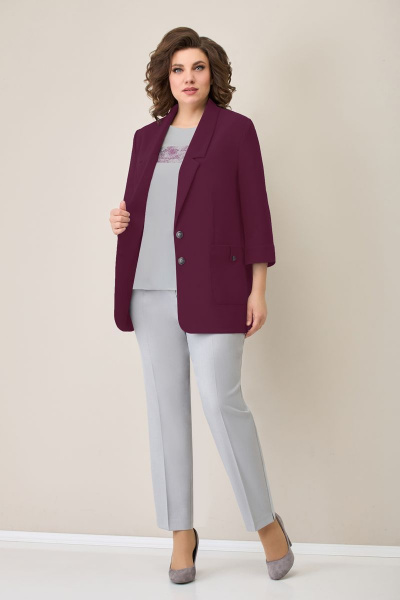 Блуза, брюки, жакет VOLNA 1277 сливовый/светло-серый - фото 2
