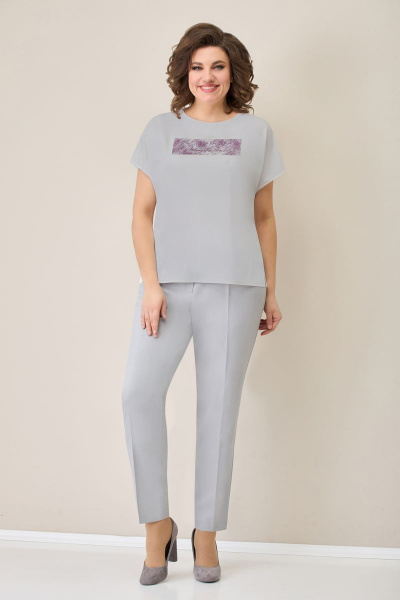 Блуза, брюки, жакет VOLNA 1277 сливовый/светло-серый - фото 3
