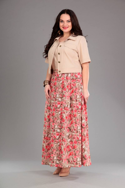 Жакет, платье Liona Style 487 бежевый+красные_цветы - фото 1