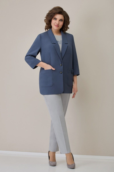 Блуза, брюки, жакет VOLNA 1277 графитово-голубой/светло-серый - фото 1
