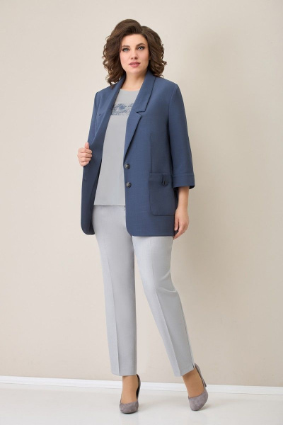 Блуза, брюки, жакет VOLNA 1277 графитово-голубой/светло-серый - фото 3