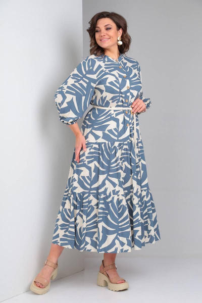 Платье LadisLine 1433 монстера/синий - фото 3