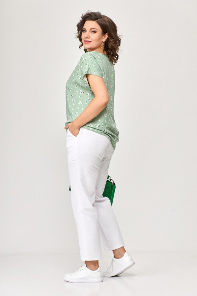 Блуза, брюки, ремень T&N 7388 мятный_принт«цветочек»+белый - фото 4