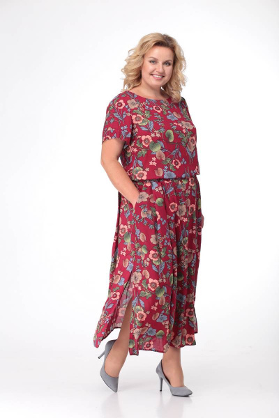 Платье LadisLine 1089 бордо+цветы - фото 1