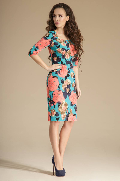 Платье Teffi Style L-1250 цветы_на_бирюзовом - фото 1