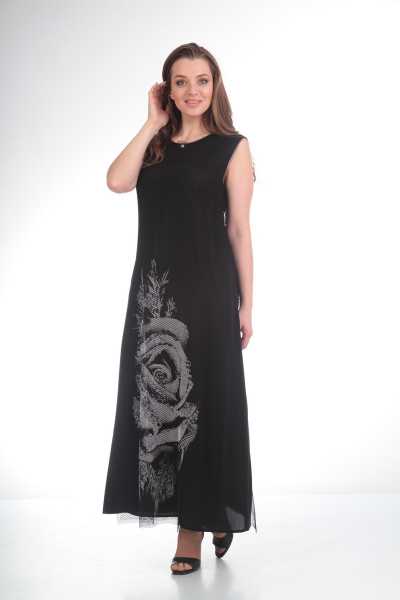 Платье Диомант 1183 черный+сер.цветок - фото 2