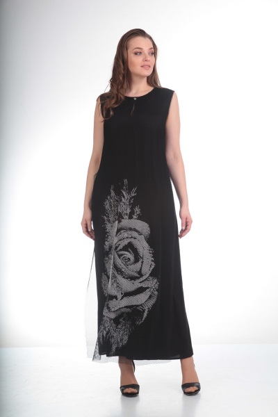 Платье Диомант 1183 черный+сер.цветок - фото 1