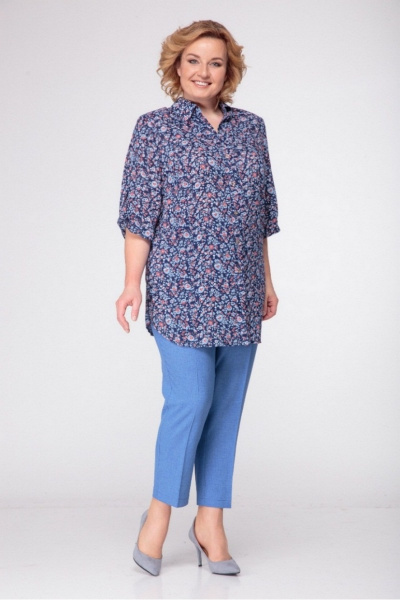 Блуза, брюки LadyThreeStars 1775 узоры+голубой - фото 1