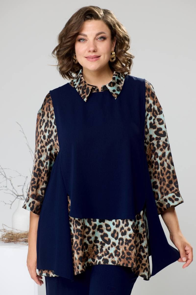 Блуза, брюки, жилет Romanovich Style 3-2510 синий/леопард - фото 3