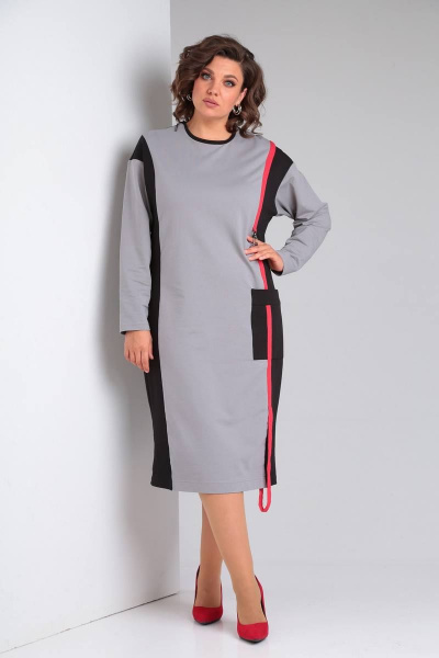 Платье LadisLine 1473 светло-серый+черный - фото 1