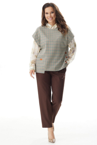 Блуза, брюки, жилет Магия моды 2314 зеленый-коричневый - фото 3