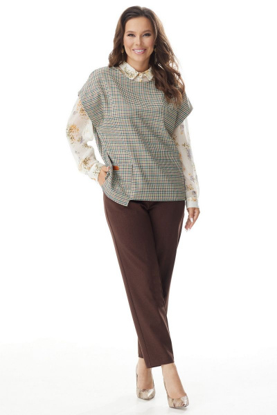 Блуза, брюки, жилет Магия моды 2314 зеленый-коричневый - фото 1