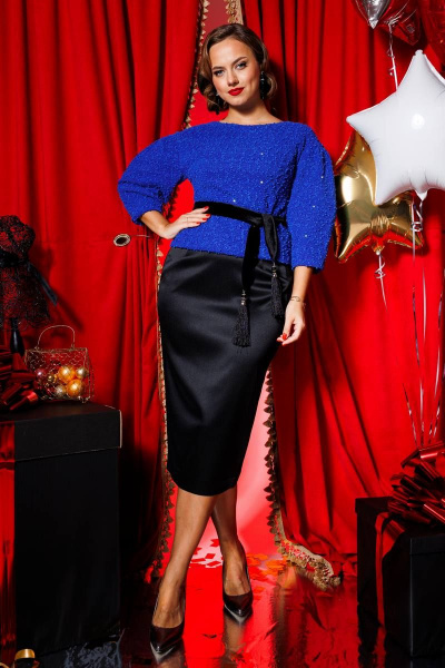 Блуза, юбка Мода Юрс 2382 черный _синий_пайетки - фото 1
