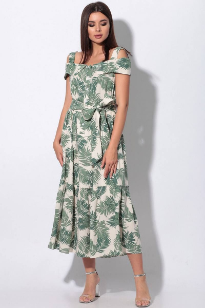 Платье, пояс LeNata 11115 зеленые-листья-на-бежевом - фото 2