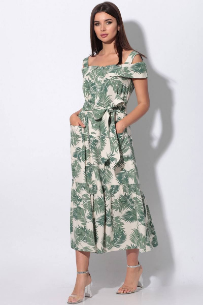 Платье, пояс LeNata 11115 зеленые-листья-на-бежевом - фото 1