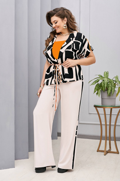 Блуза, брюки, жакет Vittoria Queen 22133/1 черный+кремовый+оранж - фото 2
