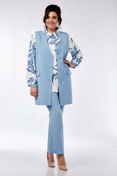 Блуза, брюки, жилет Элль-стиль 2274 голубой/белый - фото 9