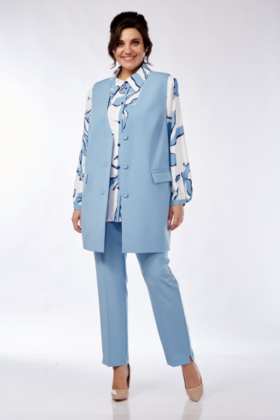 Блуза, брюки, жилет Элль-стиль 2274 голубой/белый - фото 8