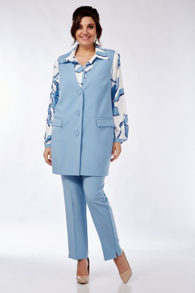 Блуза, брюки, жилет Элль-стиль 2274 голубой/белый - фото 4